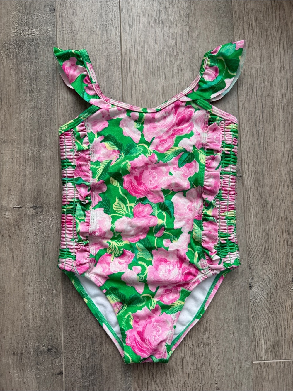 Janie and Jack Pink & Green Floral Ruffle One-Piece Swimsuit